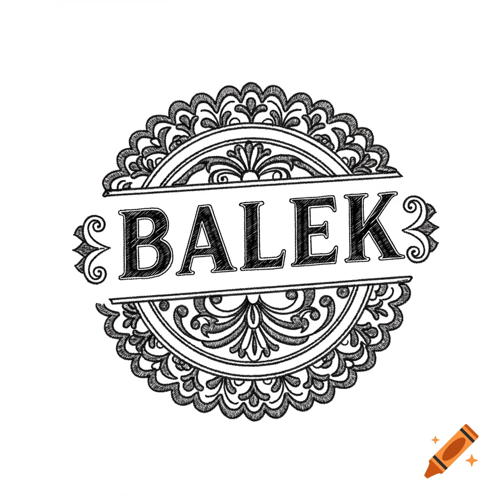 Black and white embroidered-style circular logo with intricate floral patterns and the word "BALEK" in the center.
