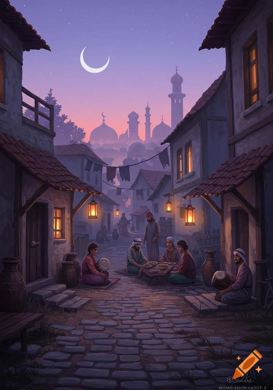 Vibrant illustration of a Middle Eastern town at night, with people gathered on a cobblestone street under a crescent moon and mosque silhouettes.