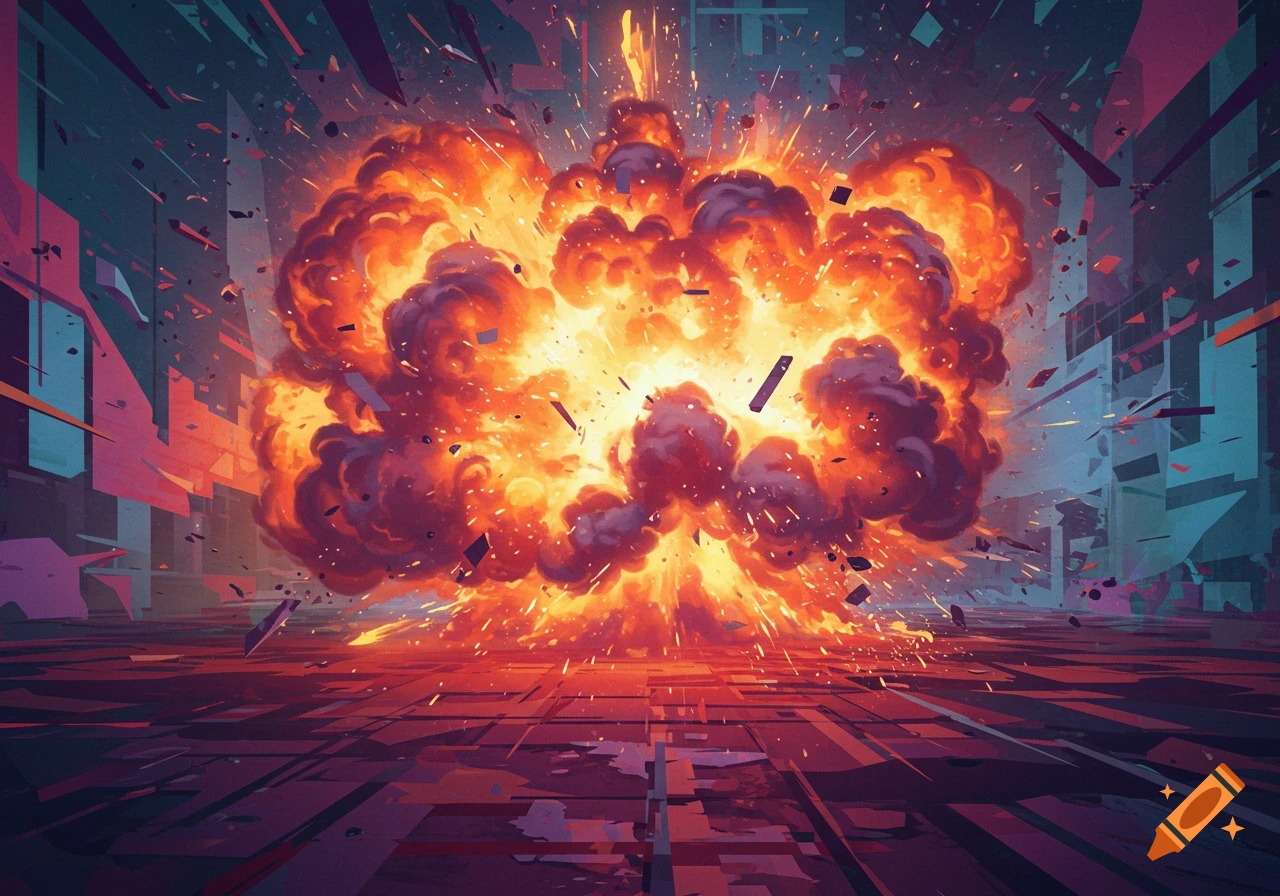 A massive, vibrant orange and purple explosion fills the center of a stylized urban landscape with flying debris.
