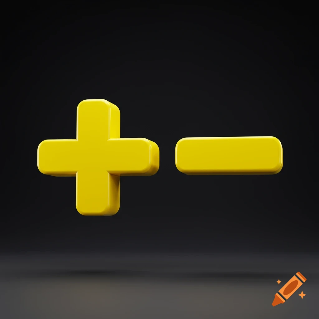 A 3D rendered yellow plus sign and a yellow minus sign on a dark background.