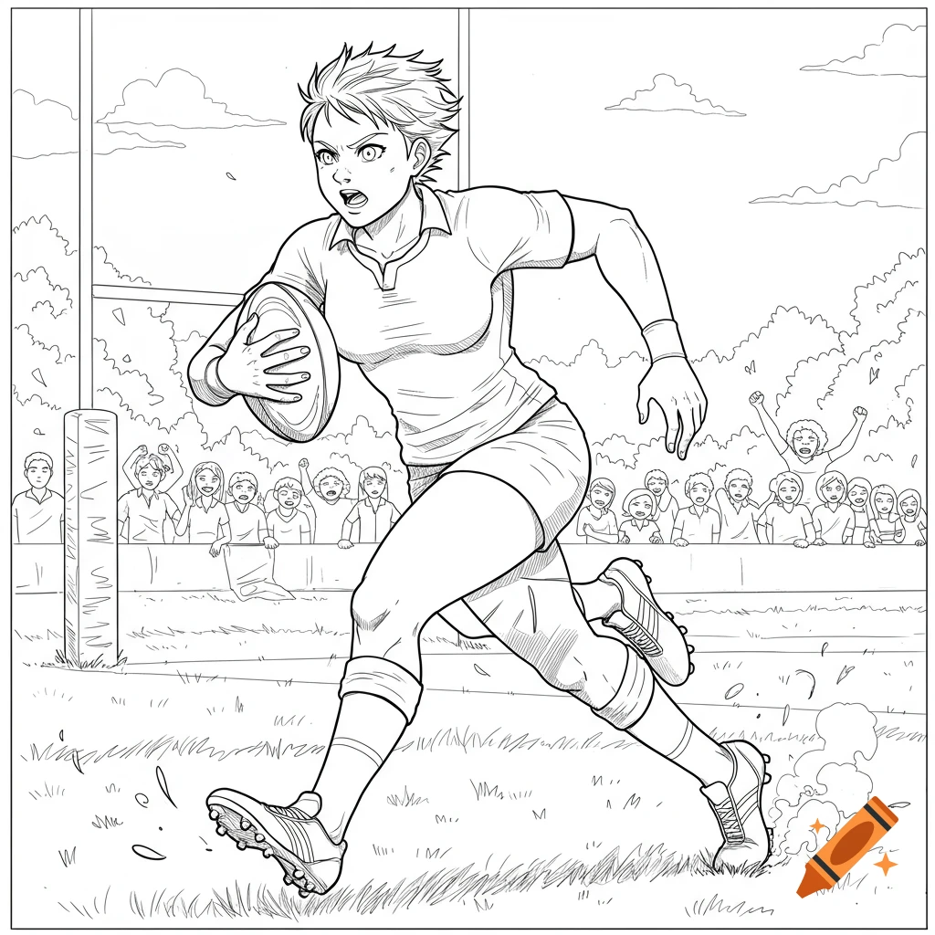 Line art drawing of a female rugby player running with a ball on a field with spectators.