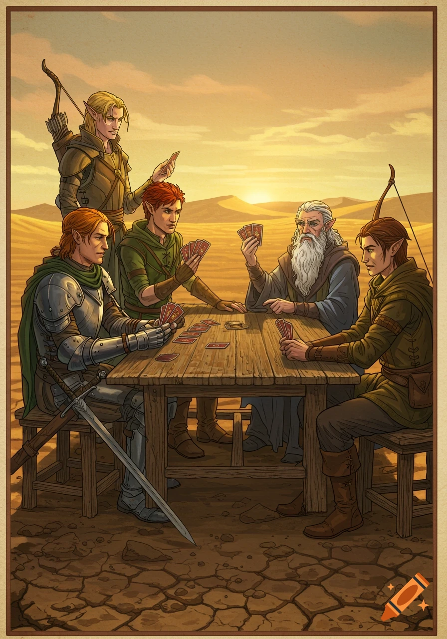 Fantasy illustration of adventurers playing cards at a wooden table in a desert at sunset.