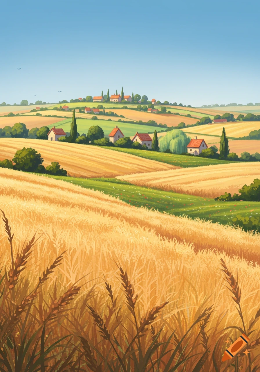 A vibrant illustrated countryside scene featuring golden wheat fields, rolling green hills, scattered houses, and a clear blue sky.