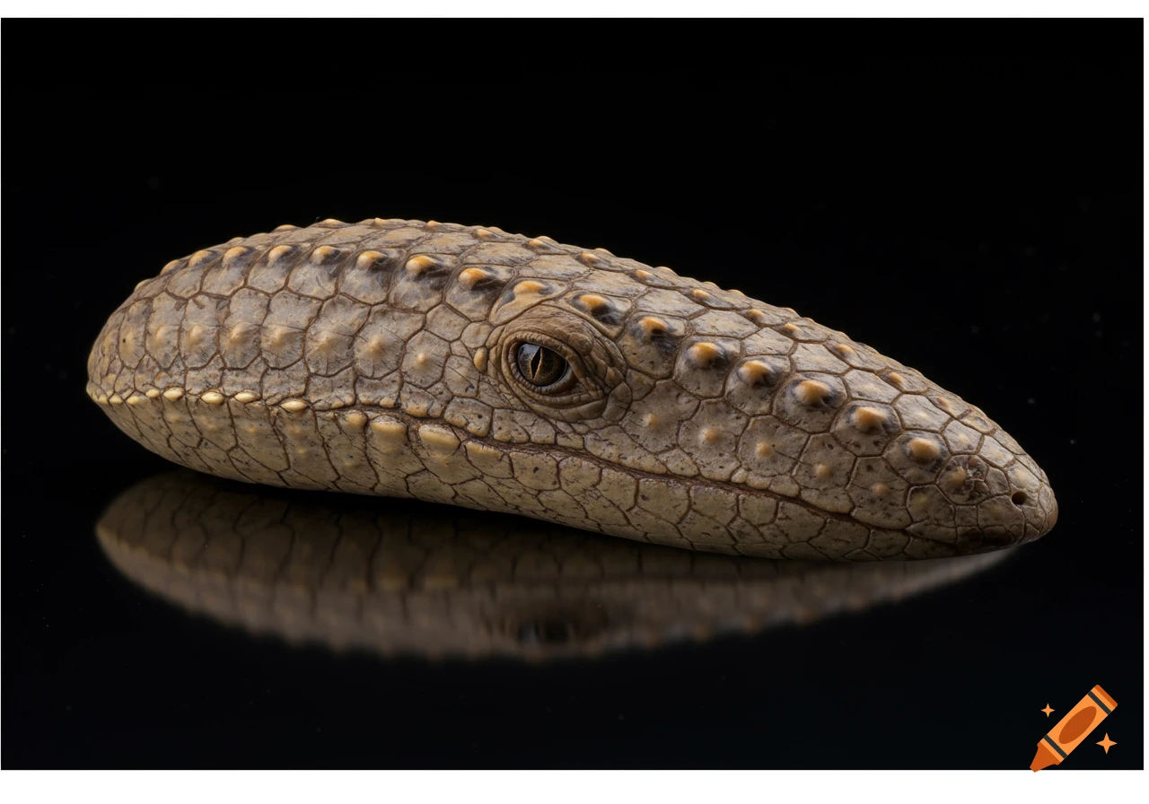 Close-up photorealistic shot of a scaly reptile's head with a visible eye and reflection on a black background.