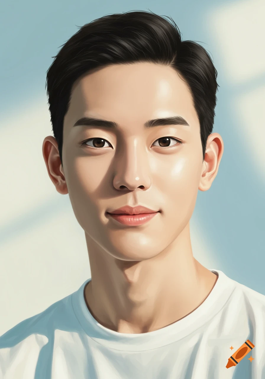A realistic illustration of a young East Asian man in a white t-shirt, smiling slightly, against a light blue background.
