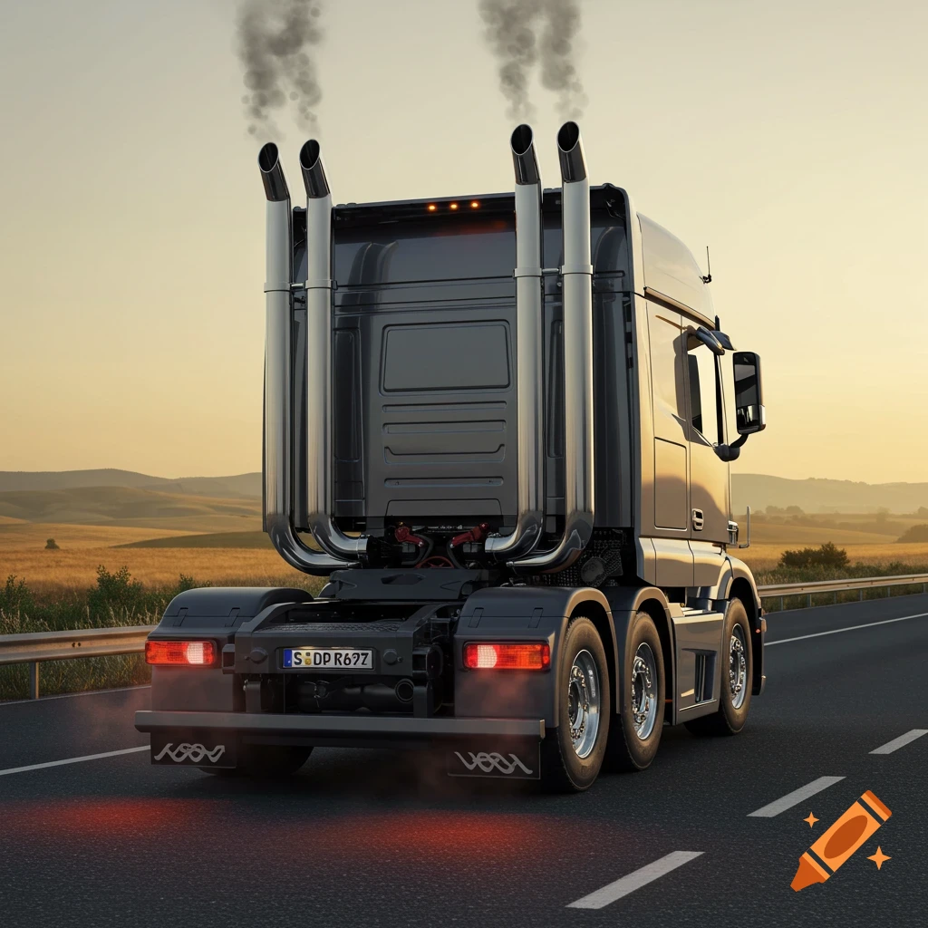 Rear view of a dark grey semi-truck with chrome exhaust pipes emitting smoke, driving on a highway at sunset with fields in background. Photorealistic.