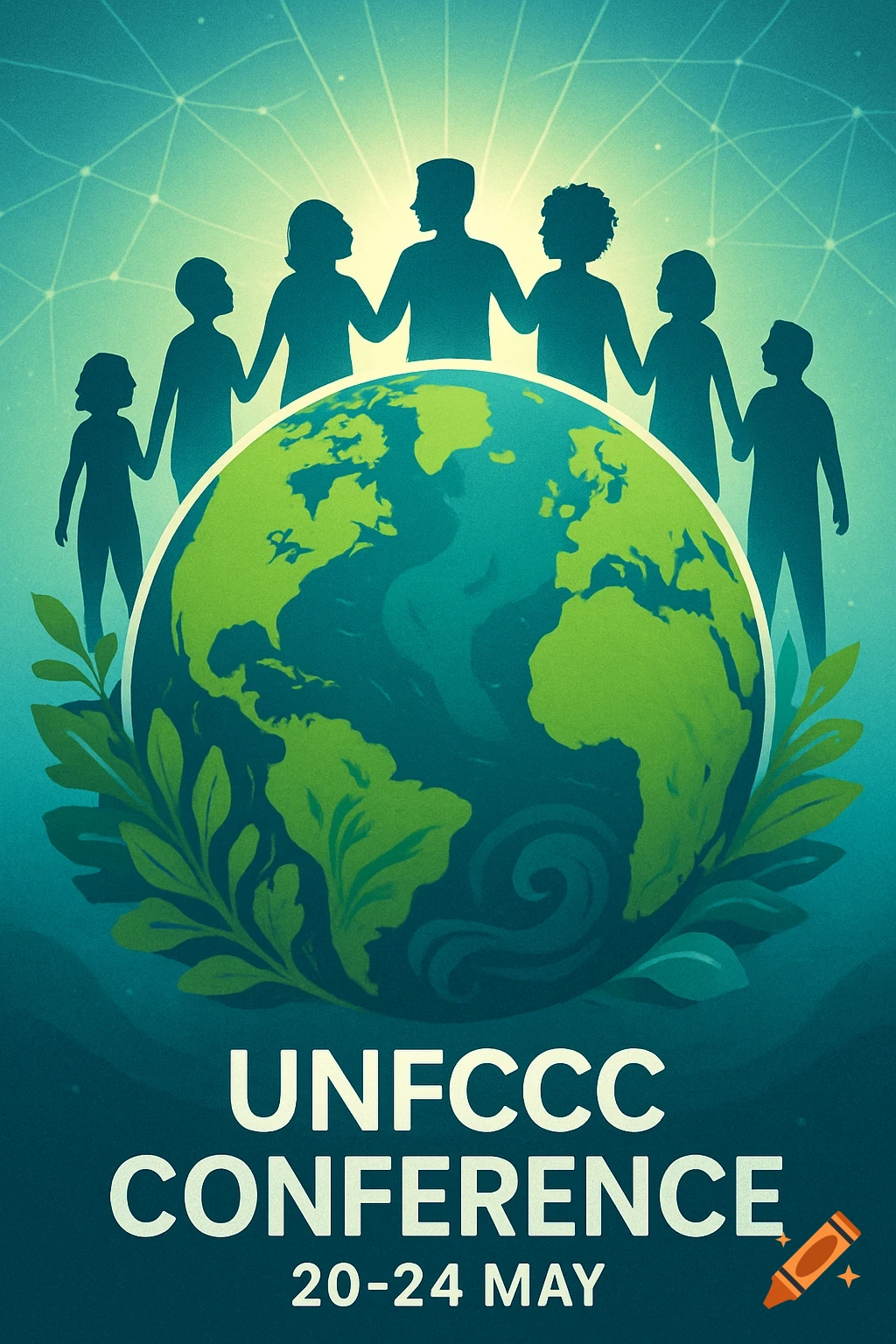 Stylized poster showing silhouettes of diverse people holding hands above a globe, with text 'UNFCCC CONFERENCE 20-24 MAY'.