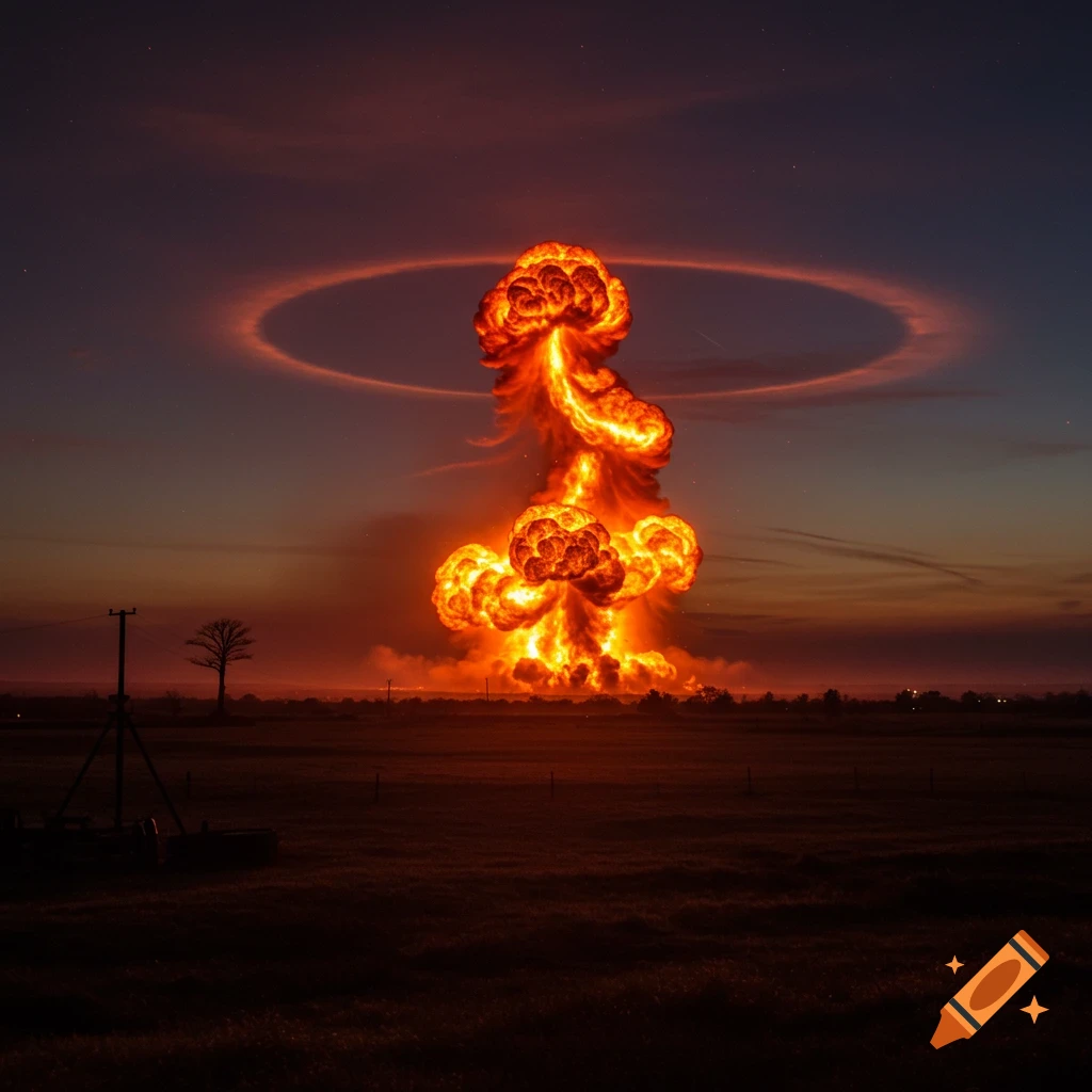 A massive, fiery explosion forms a mushroom cloud with a shockwave ring in a dramatic twilight sky over a dark field.