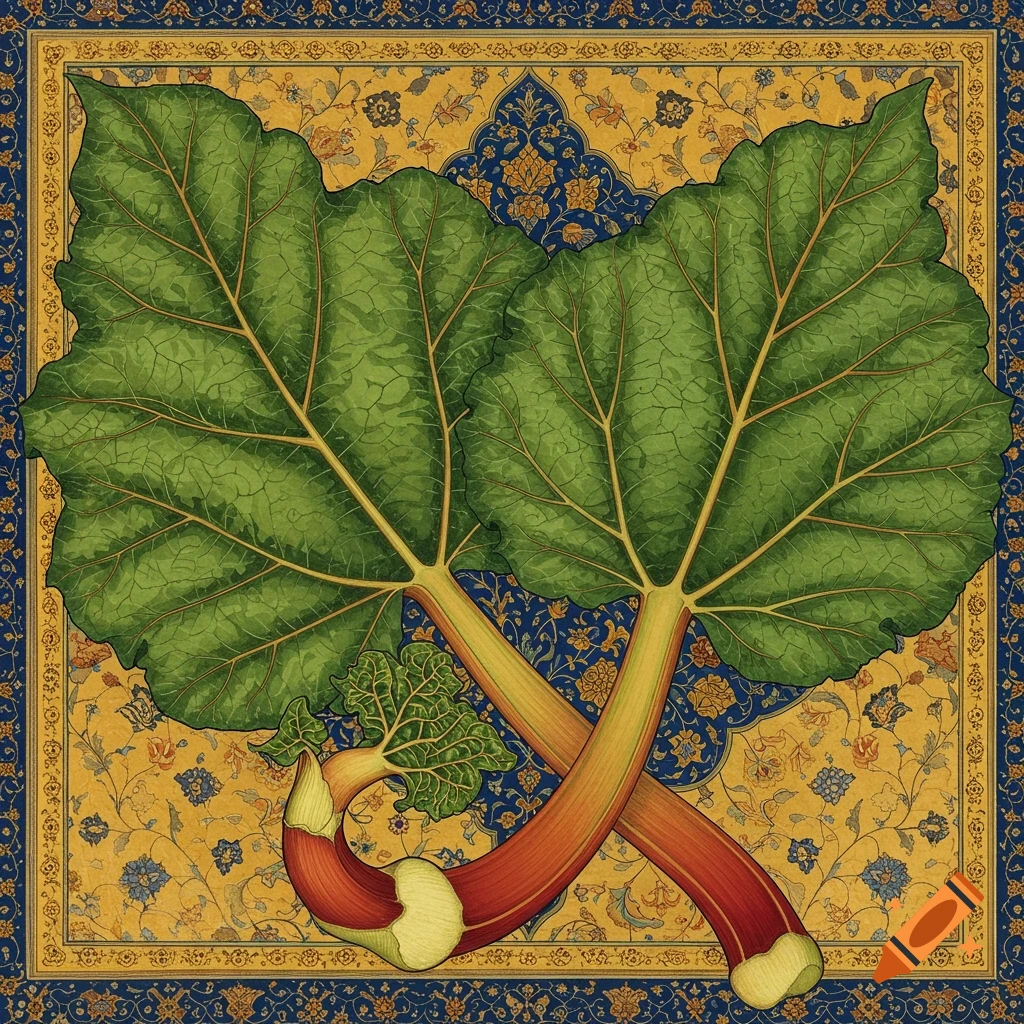 Two large green rhubarb leaves with red stalks crossing over an intricate blue and gold patterned background.