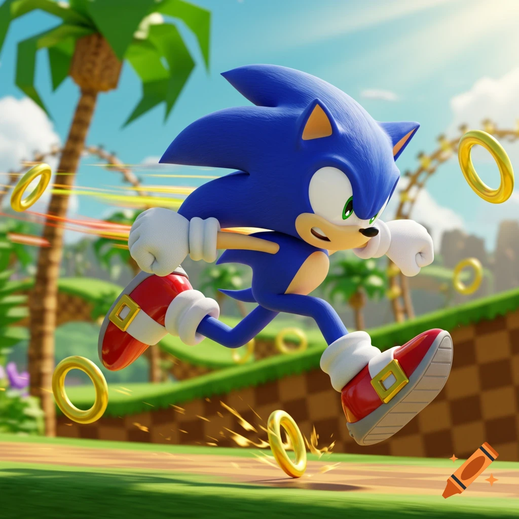 Sonic the Hedgehog runs at high speed through a vibrant green landscape with gold rings, in a colorful 3D animated style.