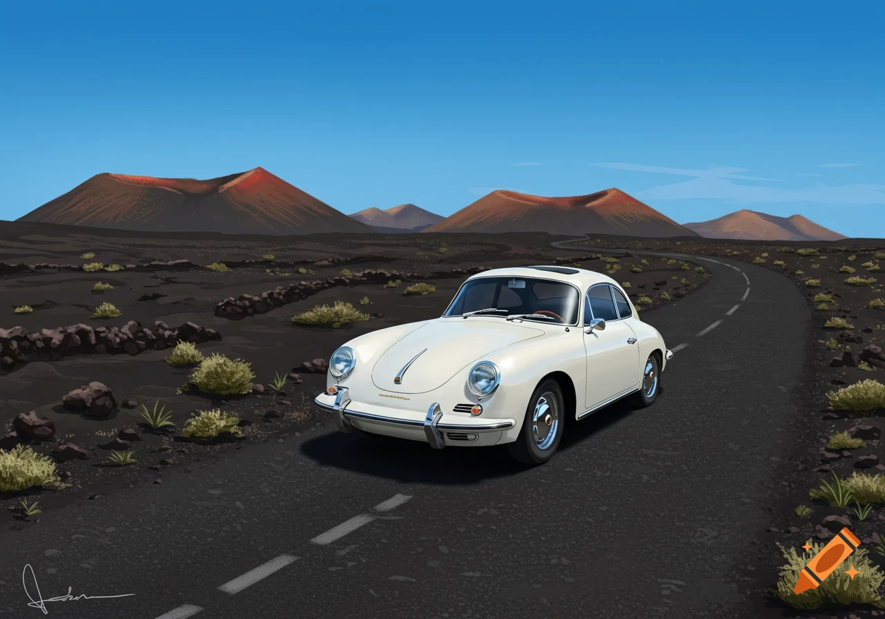 A white classic Porsche 356 drives on a winding road through a dark volcanic landscape with mountains under a blue sky, in an illustration style.
