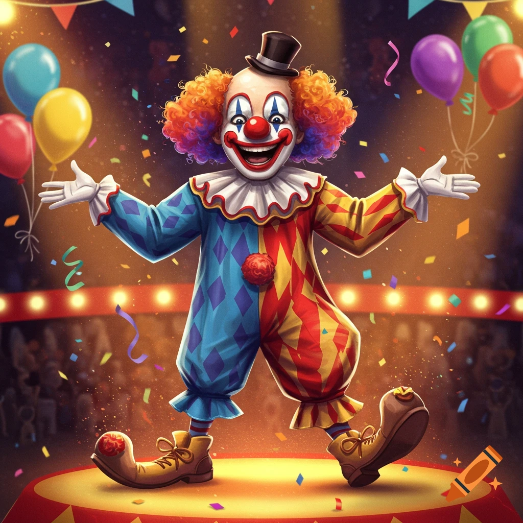 A vibrant illustration of a happy clown in a colorful costume, posing on a spotlighted circus stage with confetti and balloons.