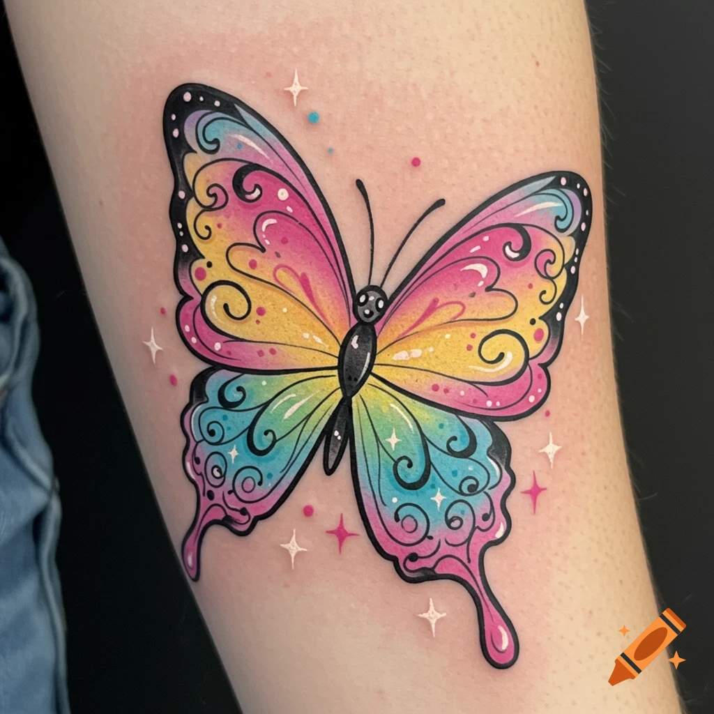 A vibrant cartoon butterfly tattoo with multicolored wings on a person's arm.