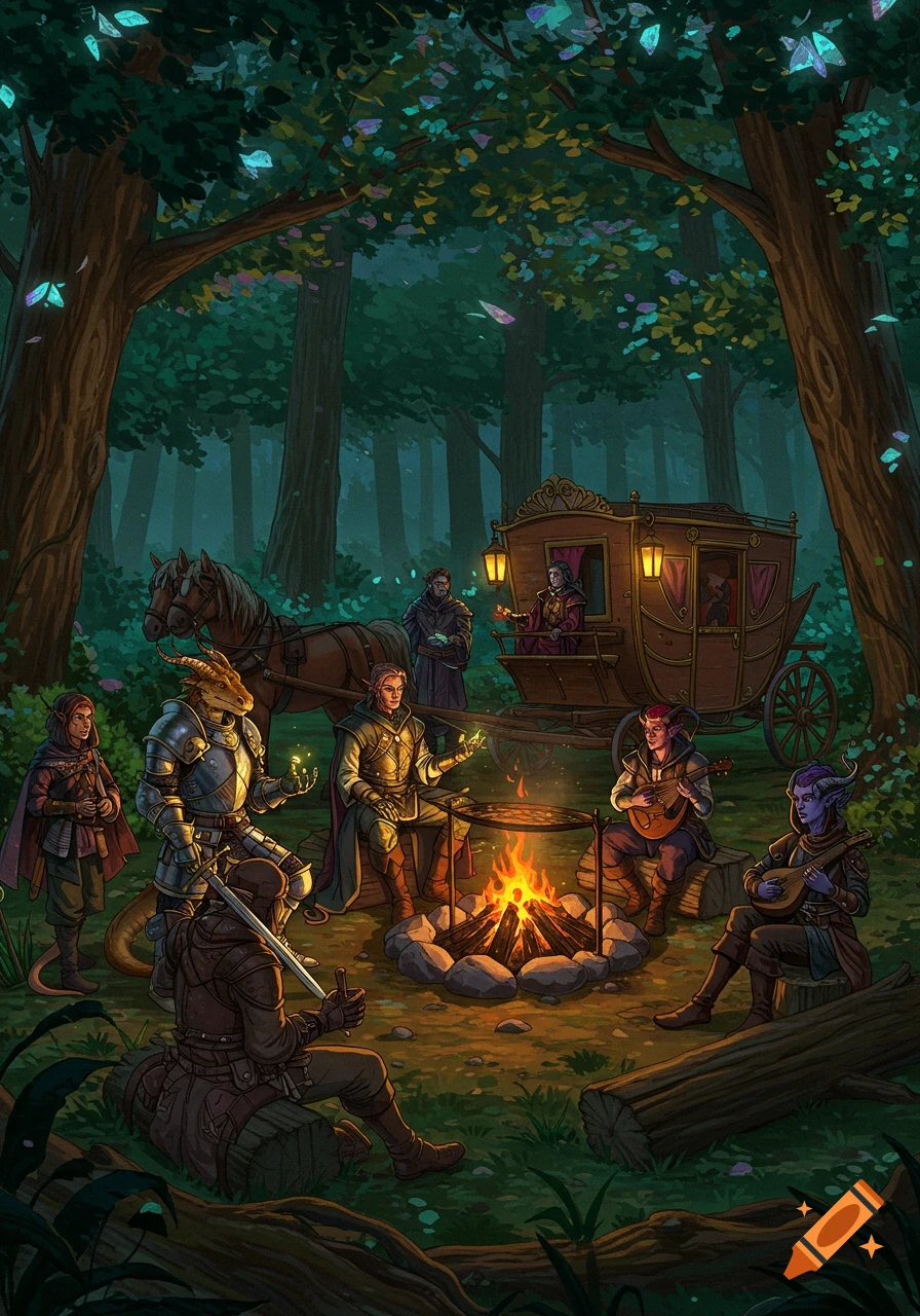 A group of diverse fantasy adventurers, including a dragonborn knight and tieflings, camp around a fire next to a horse-drawn carriage in a mystical forest.