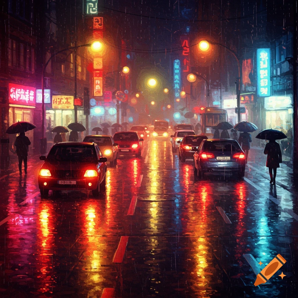 A vibrant, painterly cityscape at night, with cars in a traffic jam on a rain-slicked street. Neon signs glow, reflecting off the wet pavement.