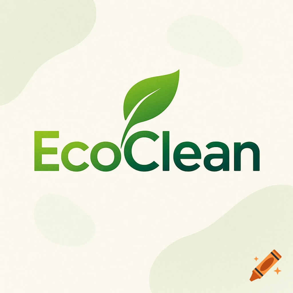Logo for EcoClean, featuring green text with a leaf integrated into the 'C' on a light cream background with subtle shapes.