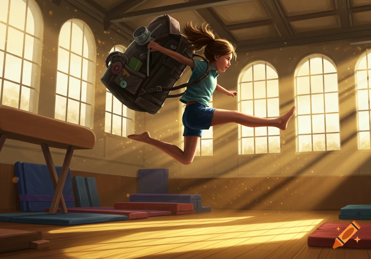 A young girl with a large backpack jumps high in a sunlit gym, with arched windows and gymnastics equipment.