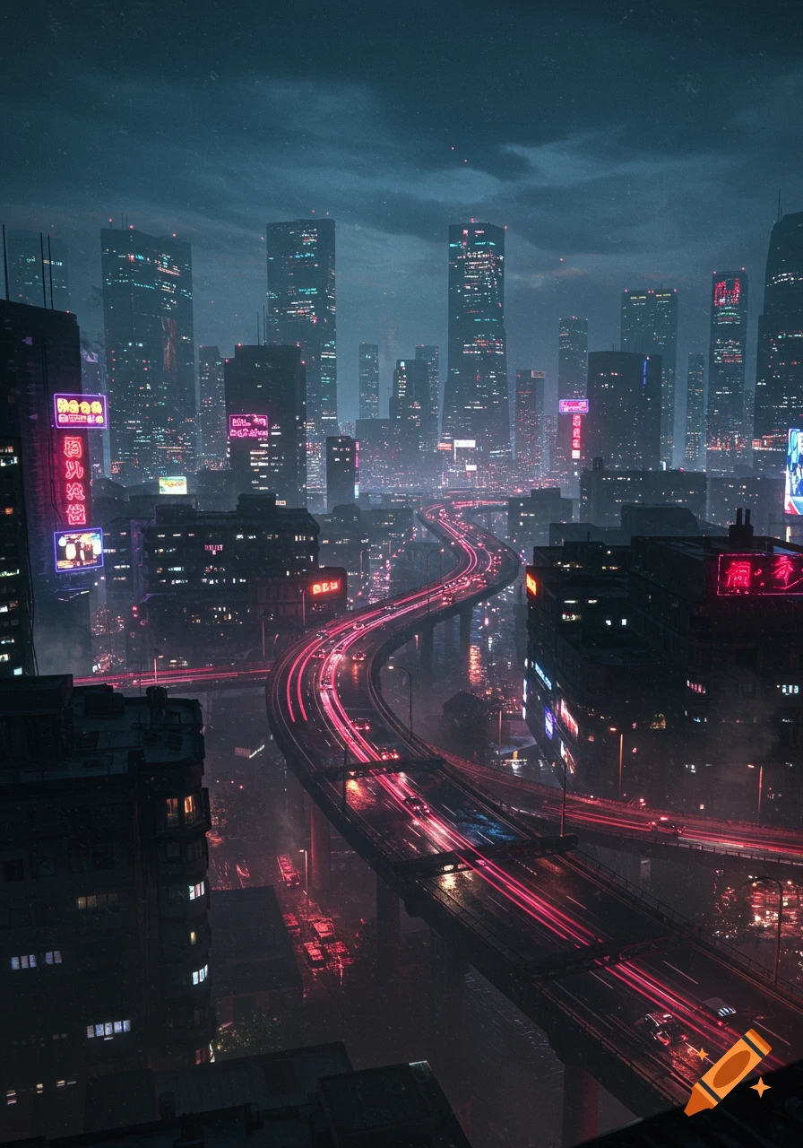 A futuristic cyberpunk city at night with towering skyscrapers, a ...