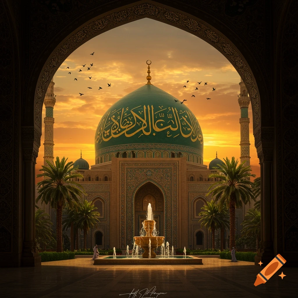 Majestic mosque with a green dome and golden Arabic calligraphy, framed by an arch, at sunset with a fountain and palm trees.