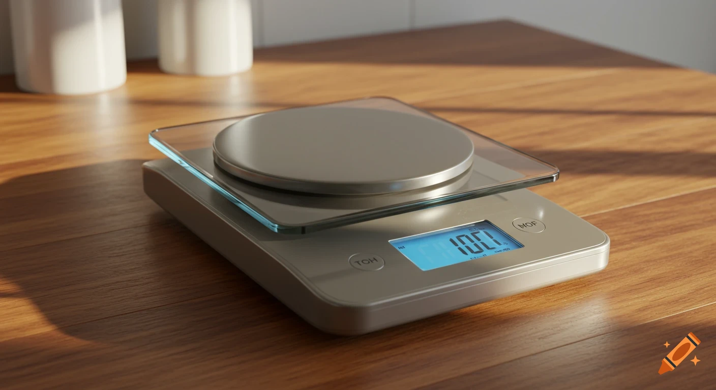 Modern digital kitchen scale with a glass platform and blue display showing "10.0" on a wooden countertop, bathed in natural light.