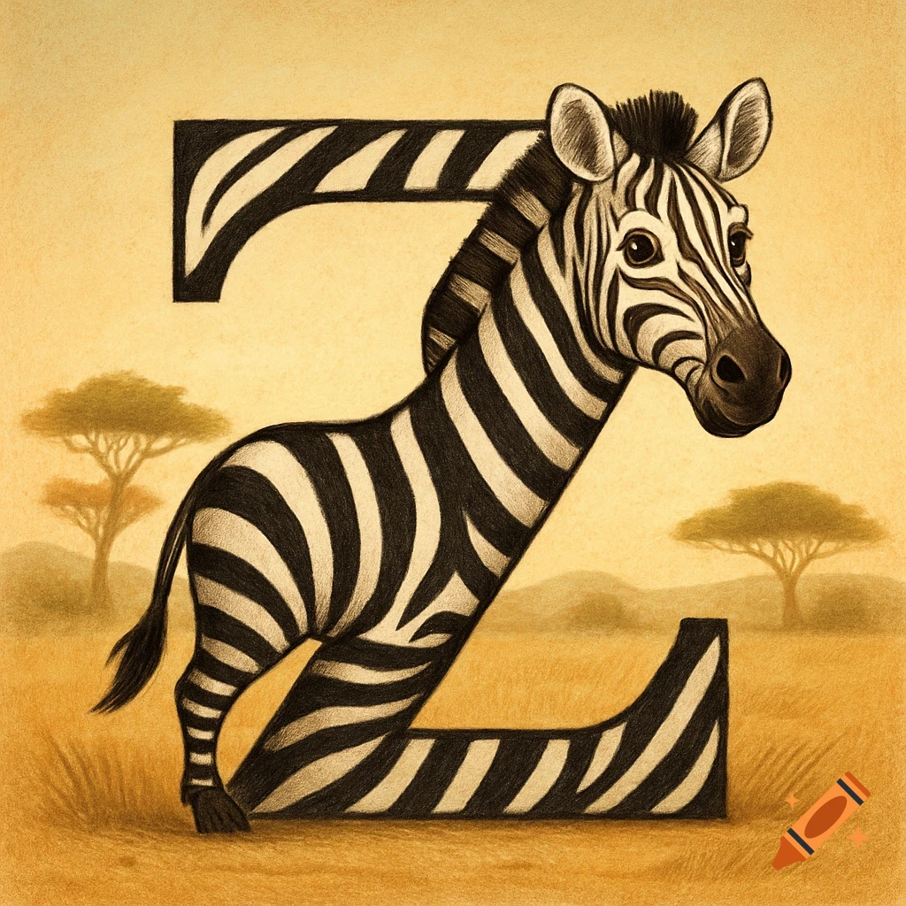 A zebra whose body is shaped like the letter Z, in a savanna landscape, drawn in a textured pencil style.