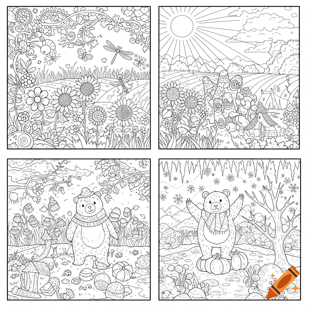 Black and white coloring page with four panels showing spring, summer, autumn, and winter scenes, with a cartoon bear in two panels.