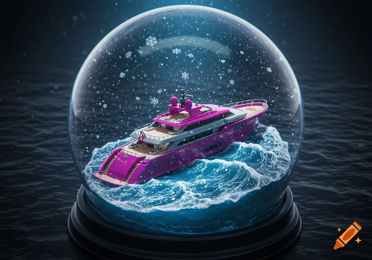 A vibrant pink and grey superyacht inside a detailed snow globe, surrounded by blue wavy water and falling snowflakes, set against a dark background.