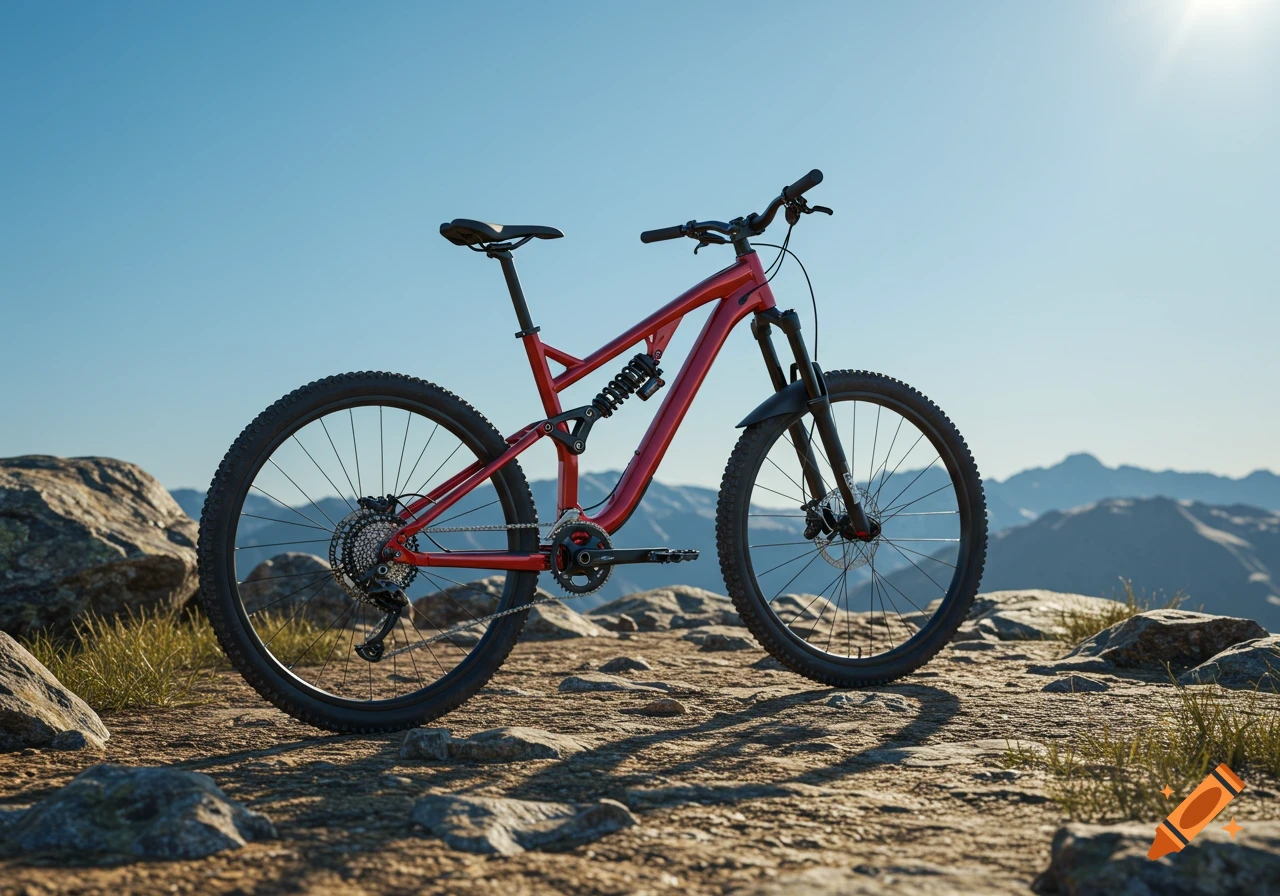 A red full suspension mountain bike stands on a rocky trail with mountains in the background under a clear blue sky, photorealistic.