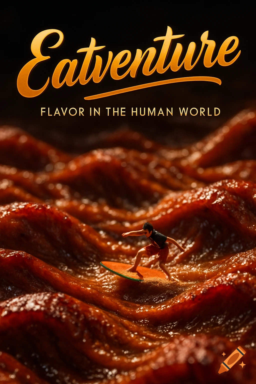 A tiny person surfs on glossy, red-brown waves of grilled meat with the title "Eatventure" and "Flavor in the Human World" above.