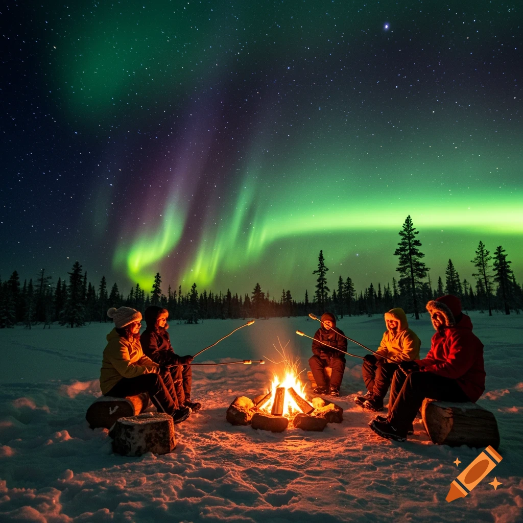 Group of people roasting marshmallows around a campfire in a snowy forest under the vibrant green and purple Northern Lights.