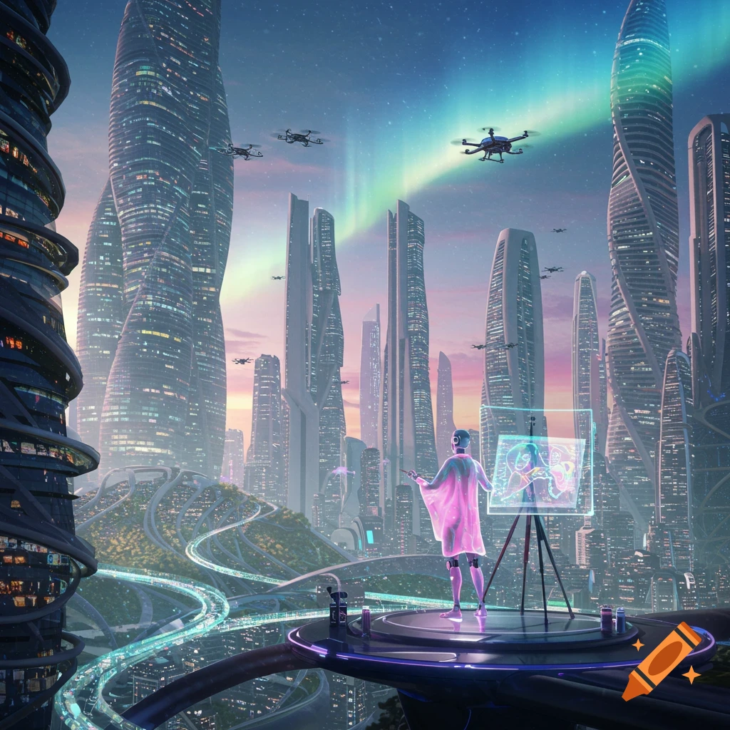A robot artist paints on a holographic easel in a futuristic city with towering skyscrapers, flying drones, and an aurora in the sky, digital art.