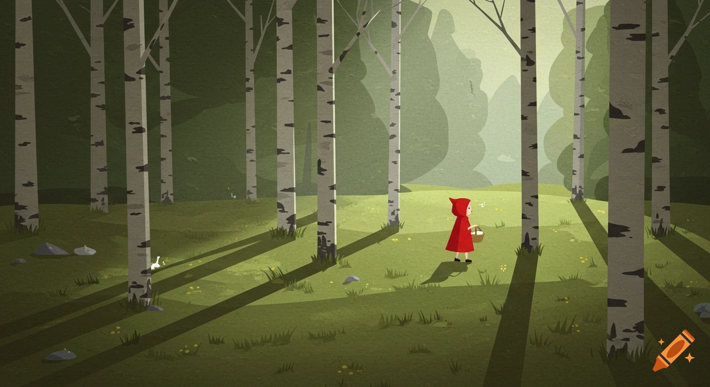 A minimalist children's illustration of Little Red Riding Hood walking through a birch forest with a basket, bathed in soft morning light.
