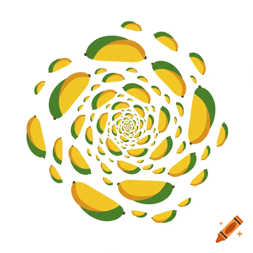 A white background with yellow and green mango slices arranged in a swirling vortex pattern, getting smaller towards the center.