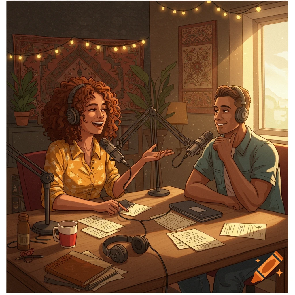 An illustration of a man and a woman sitting at a table, recording a podcast with microphones and headphones in a warm, cozy room.