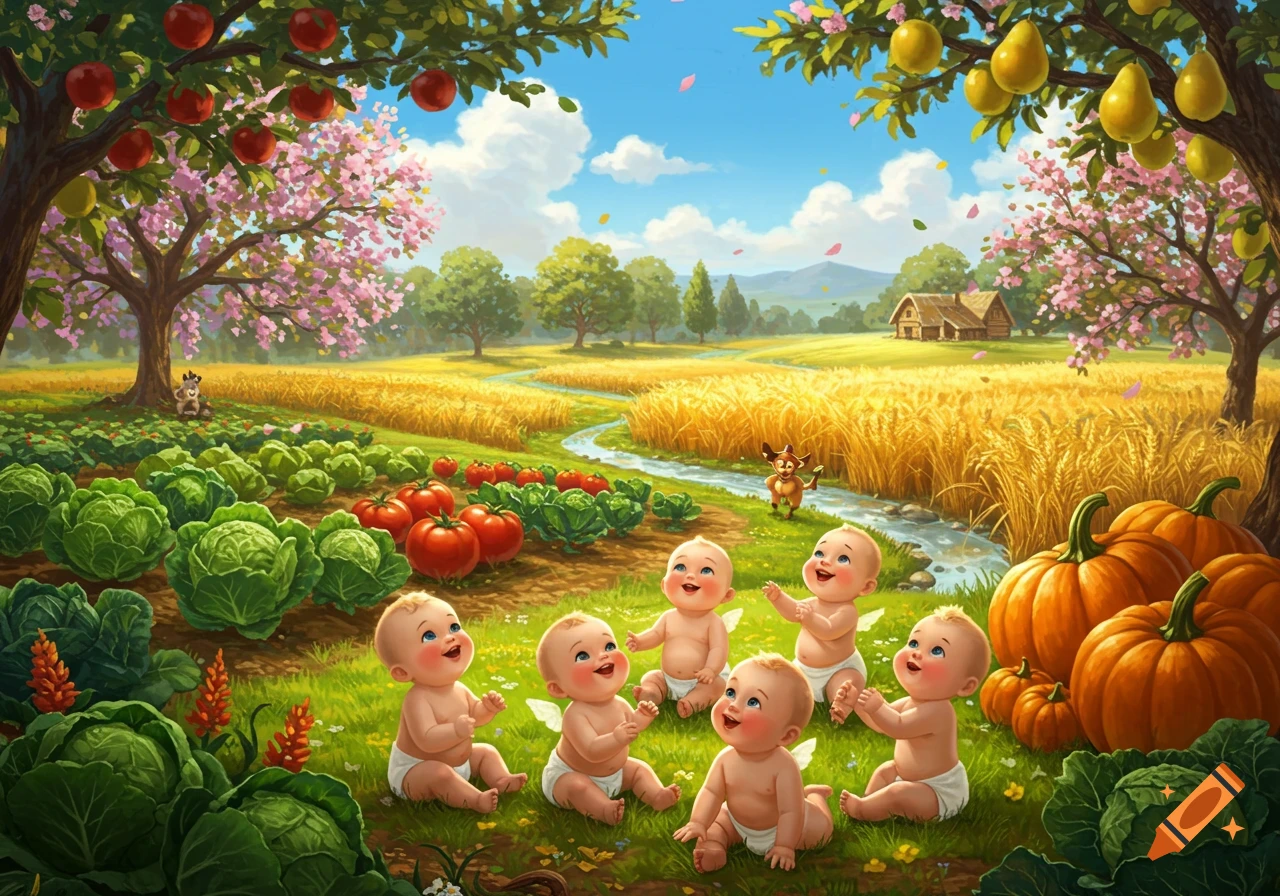 Seven smiling baby-angels playing in a vibrant farm field with cabbage, tomatoes, pumpkins, fruit trees, and a stream under a blue sky.