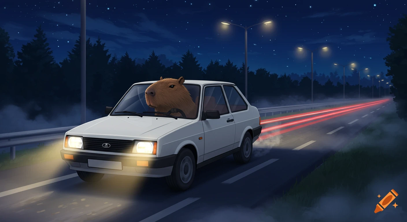 An illustration of a capybara driving a white car on a highway at night ...
