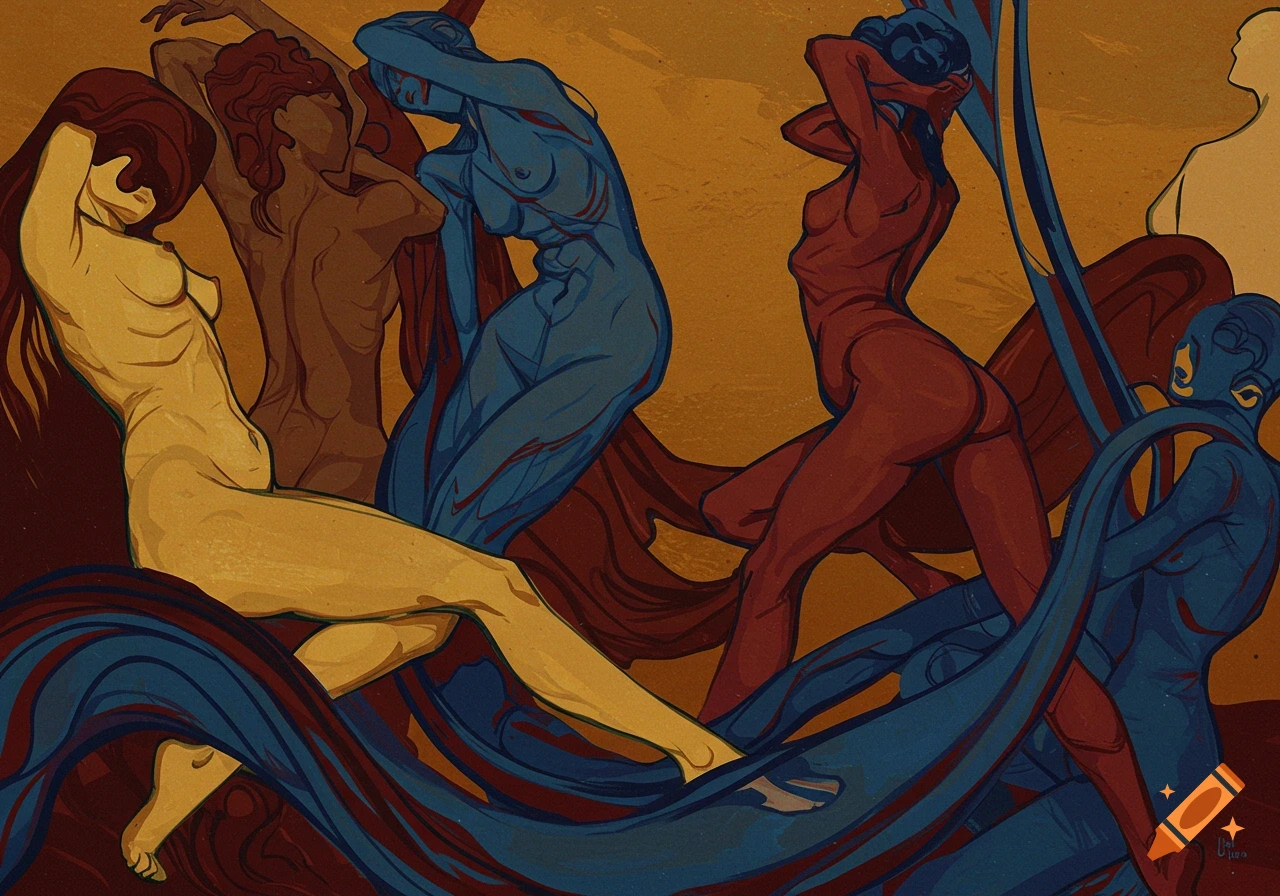 Stylized multi-figure composition of nude and semi-nude women in blue, red, and ochre tones, intertwined with flowing fabric, in an Art Nouveau or Expressionist style.