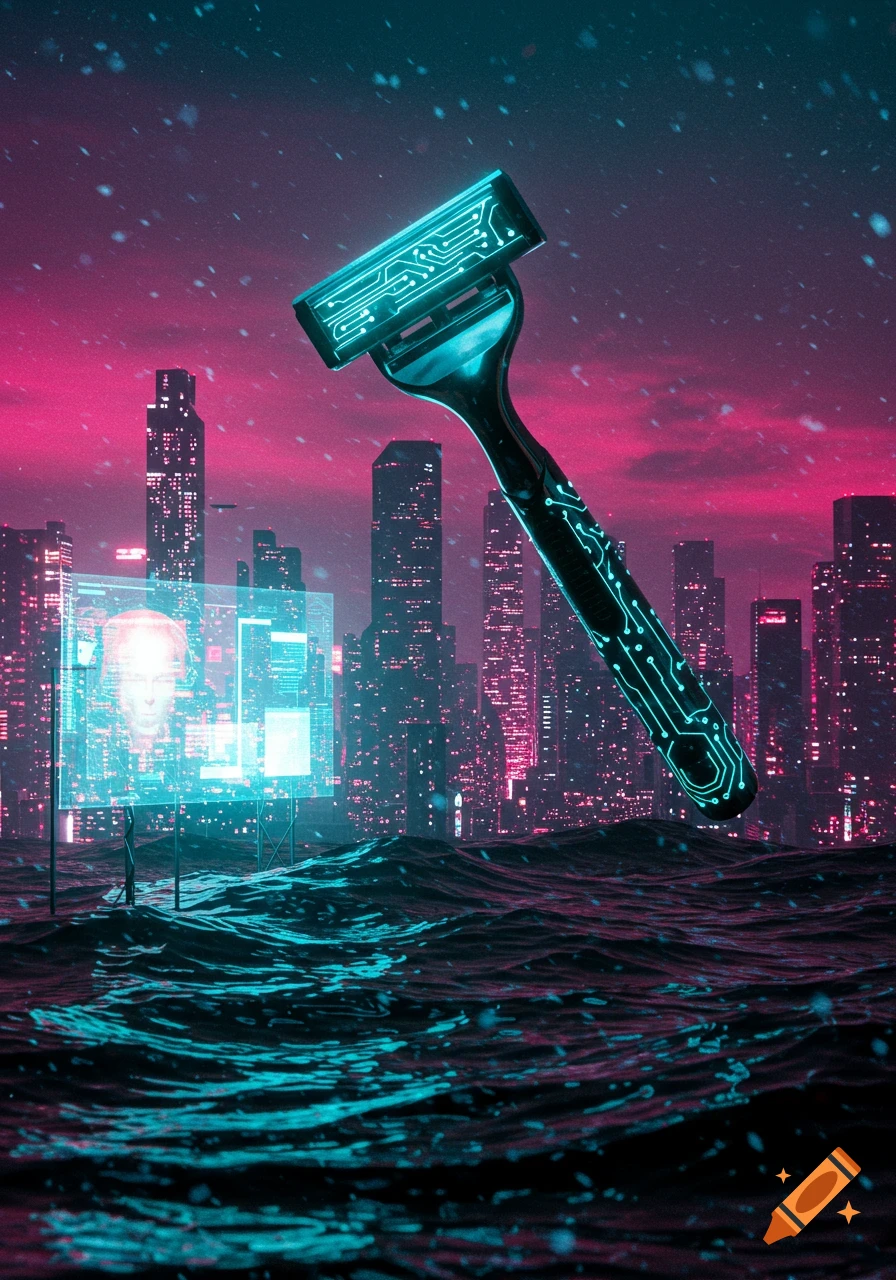 A stylized image of a glowing razor with circuit patterns floating above dark, wavy water, set against a neon pink and purple cyberpunk city skyline.