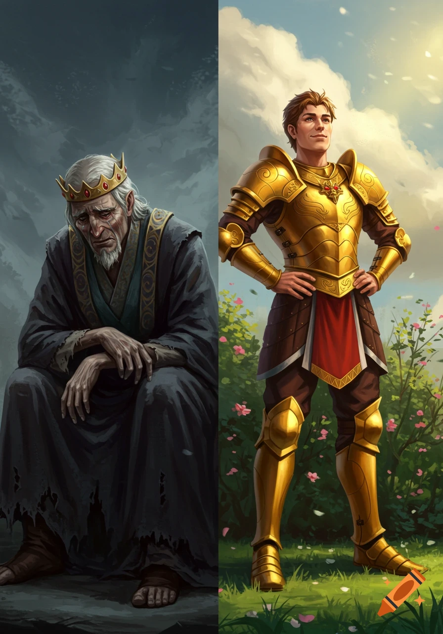 Split image of an old, sad king in torn robes on the left, and a young, content king in golden armor on the right, fantasy art style.
