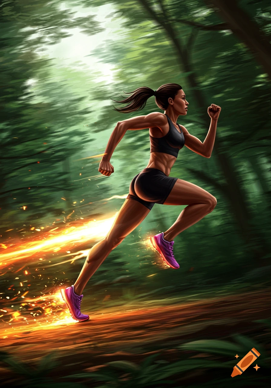 A muscular woman in athletic wear runs with fiery trails through a lush forest, depicted in a dynamic, illustrative style.