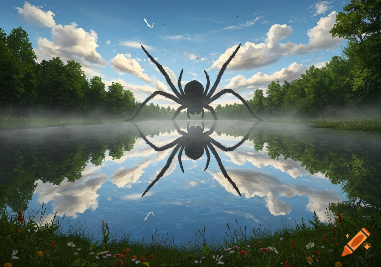 Giant spider silhouette stands in a misty forest lake, reflecting in the water under a cloudy sky.