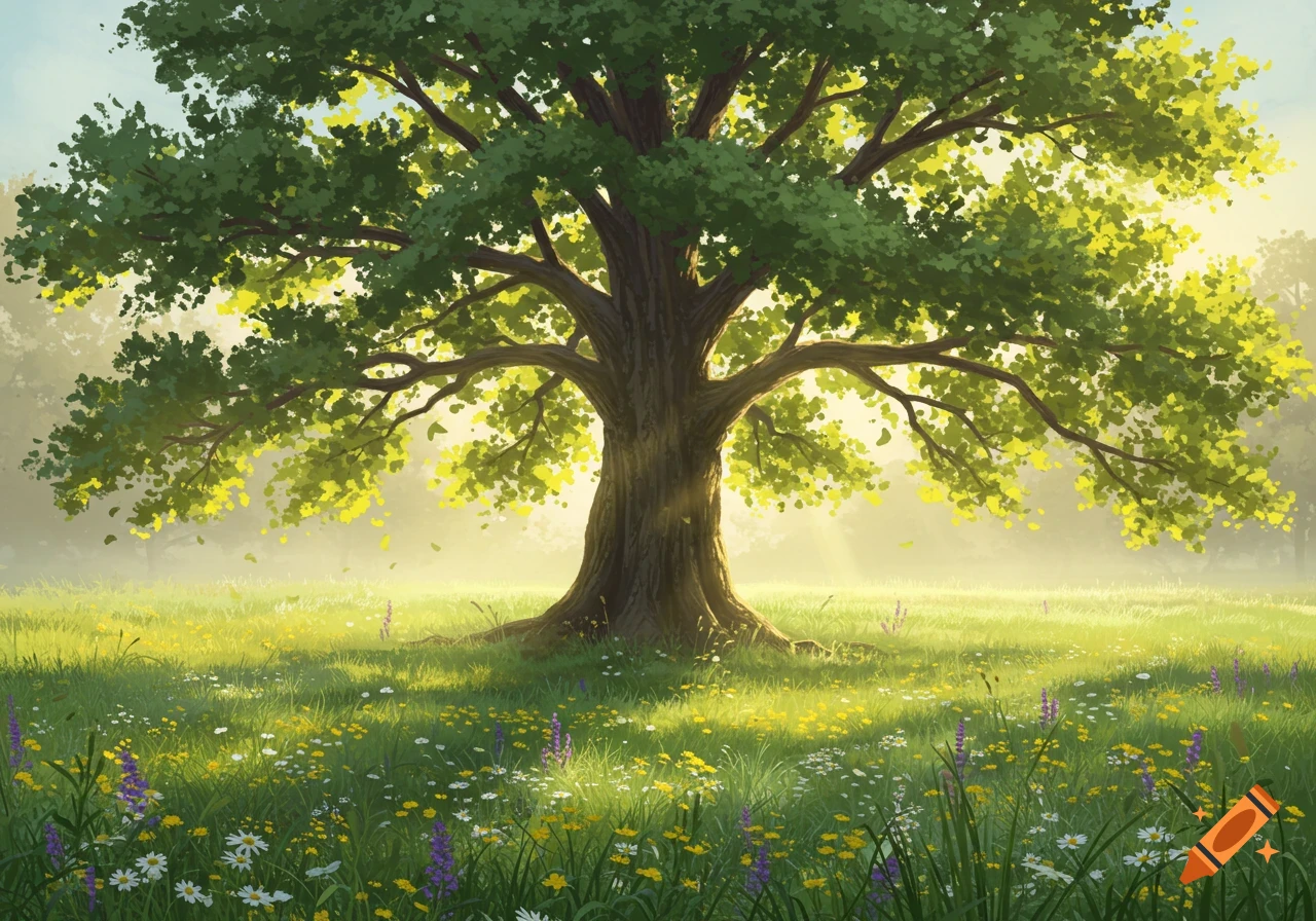 A large, vibrant green tree stands in a sunlit meadow filled with colorful wildflowers, depicted in a bright digital painting.