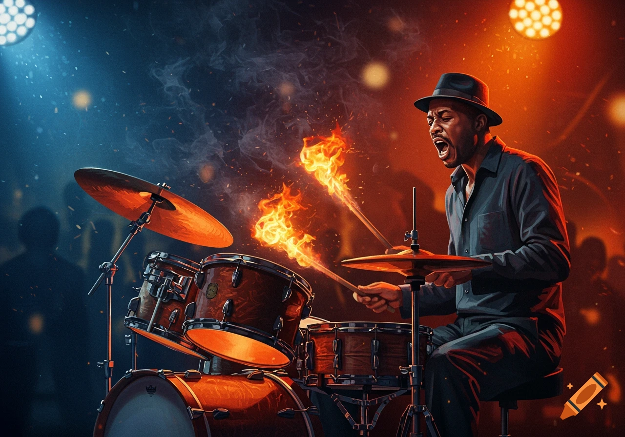 A vibrant, stylized image of a jazz drummer enthusiastically playing drums with flaming sticks on a stage lit with blue and orange lights.