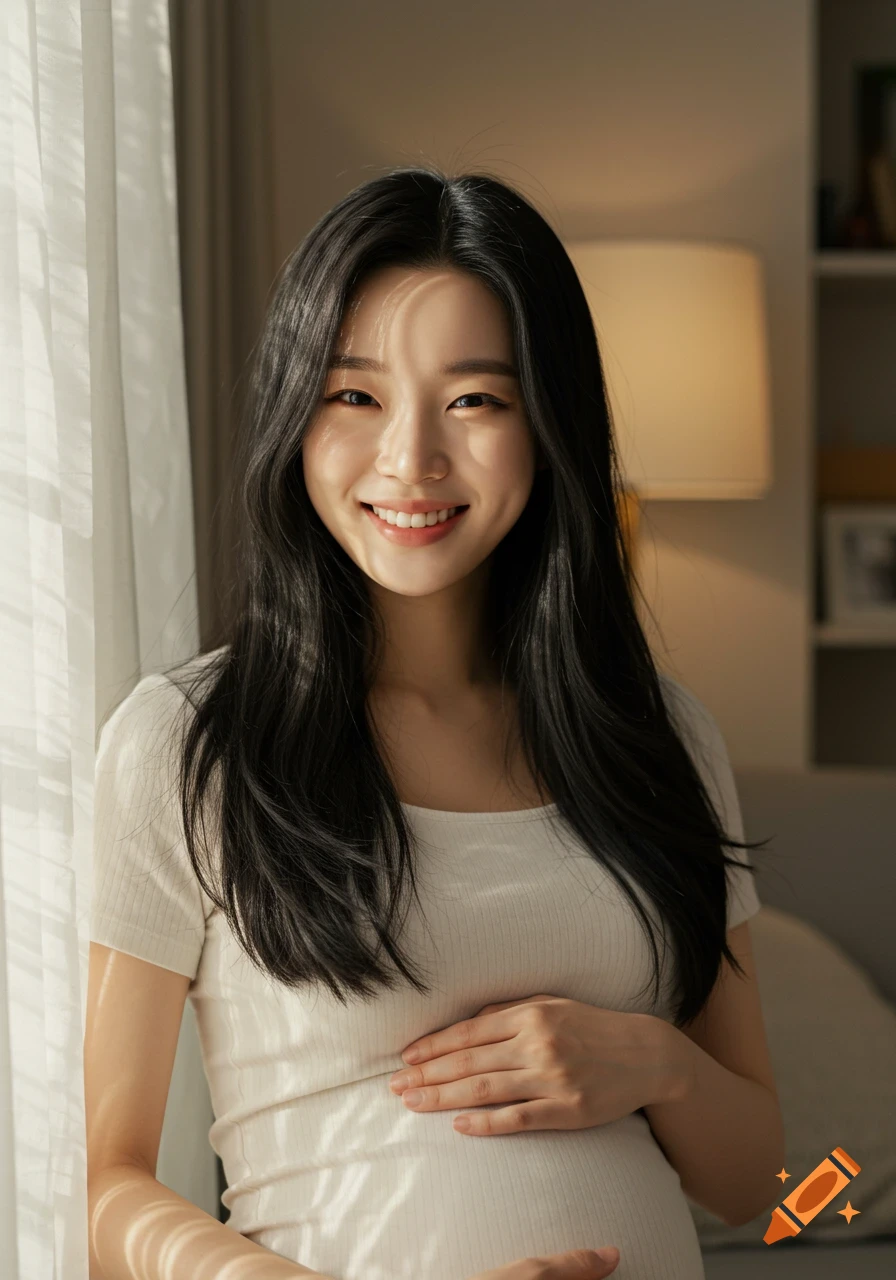 A smiling pregnant Asian woman with long black hair, wearing a white shirt, gently holding her belly in a sunlit room.