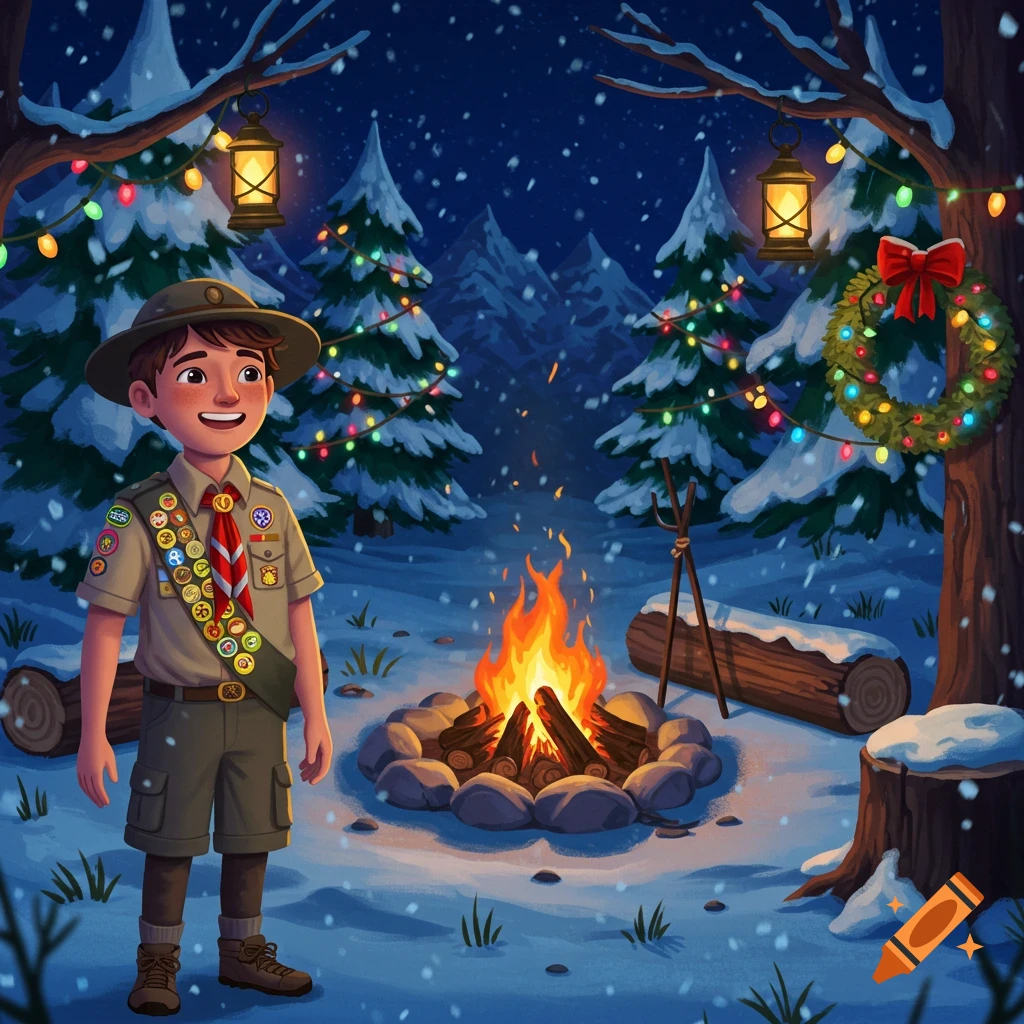 Illustration of a happy boy scout standing next to a campfire in a snowy winter forest decorated with Christmas lights and a wreath.