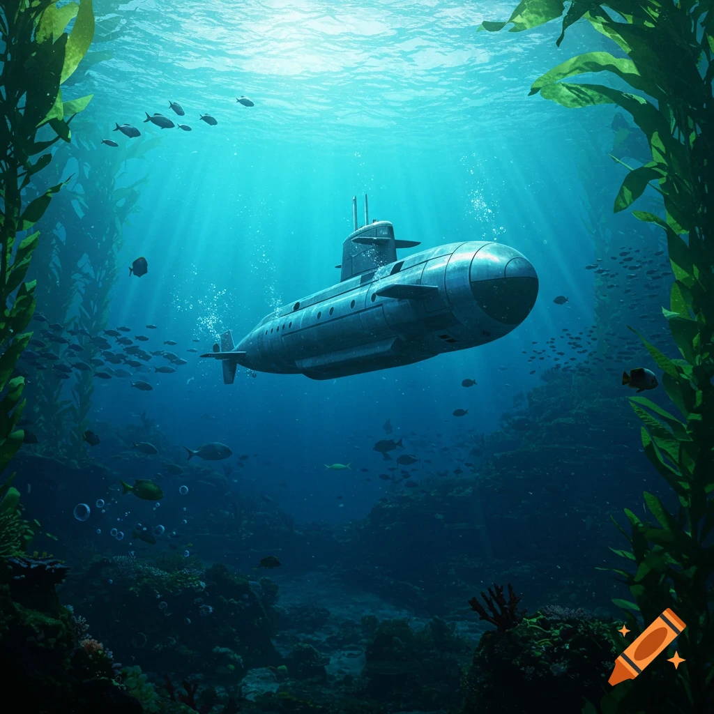 A photorealistic image of a submarine navigating through a vibrant kelp forest, with schools of fish and sunlight filtering through the clear blue water.