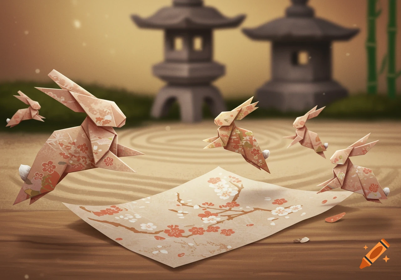 Illustrative scene of several patterned origami bunnies jumping around a floral paper in a serene Japanese garden.