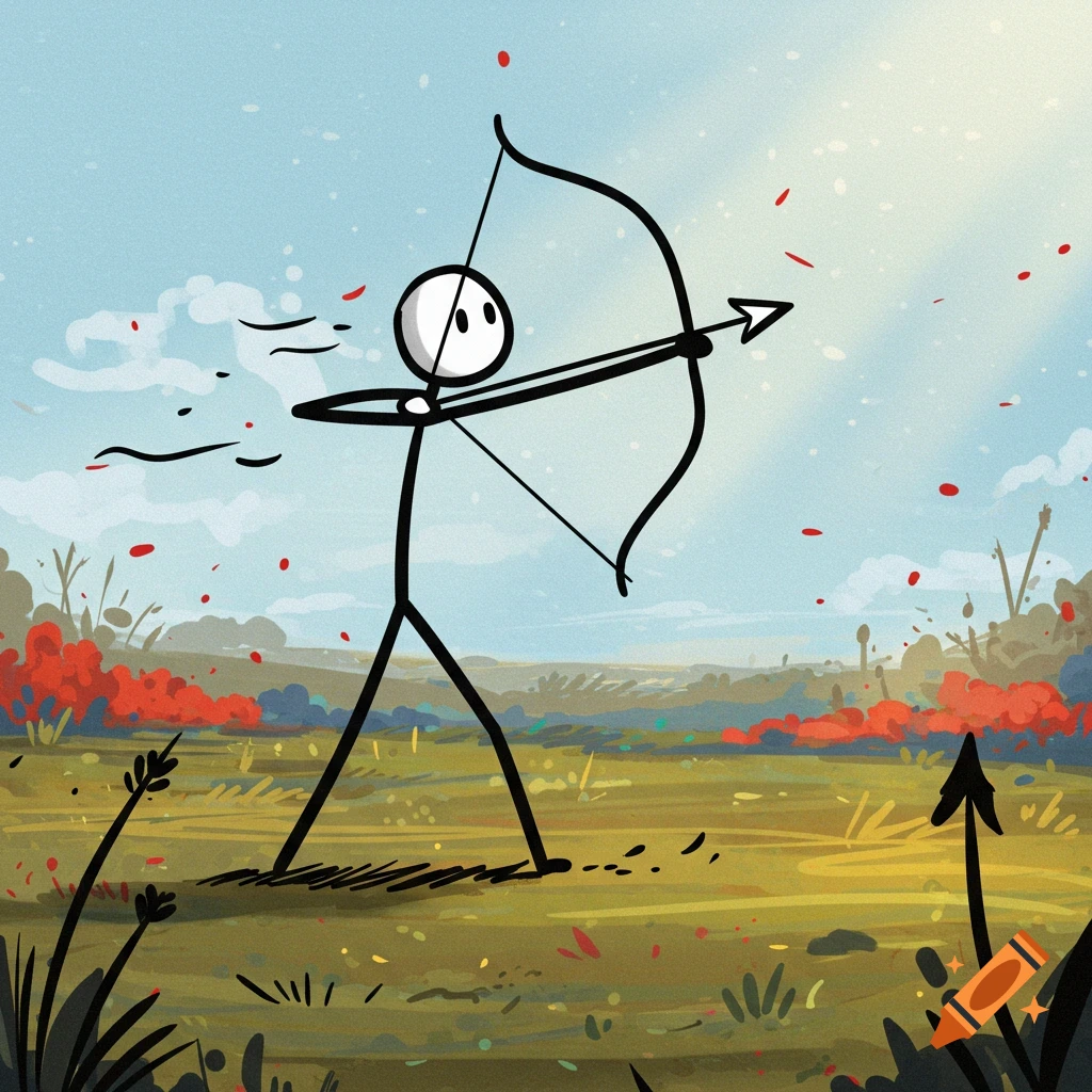 A cartoon stick figure aims a bow and arrow in a vibrant, stylized landscape with red foliage.