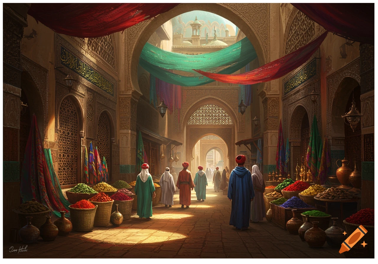 A bustling Arabian marketplace with people in traditional robes, colorful textiles, and baskets of spices under arched stone architecture.