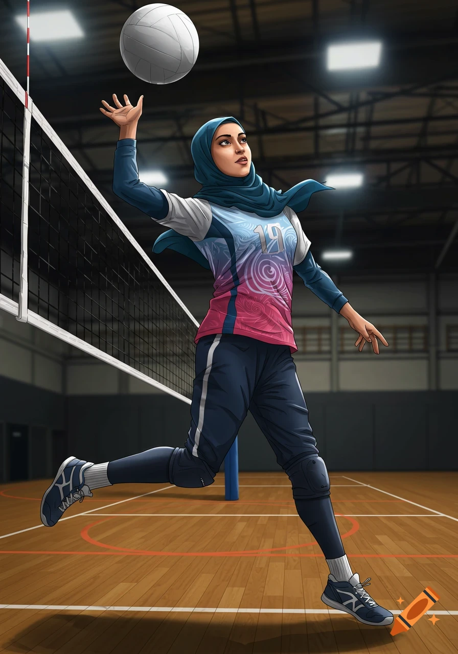 A young Muslim woman in a hijab and sports uniform jumps to hit a volleyball in an indoor gym, stylized illustration.